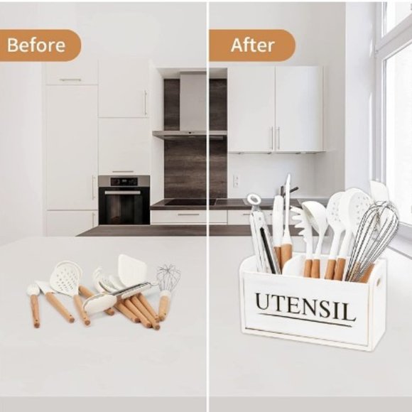 XL Farmhouse White Wooden Kitchen Utensil Holder - Cooking Utensil Organizer - Picture 5 of 16